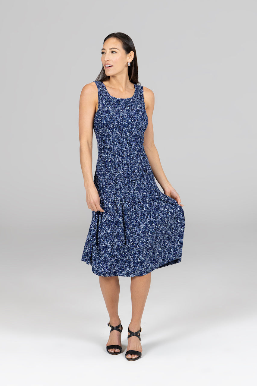 Front view of the Portofino Dress in Blue Vines, showcasing its design and floral patter