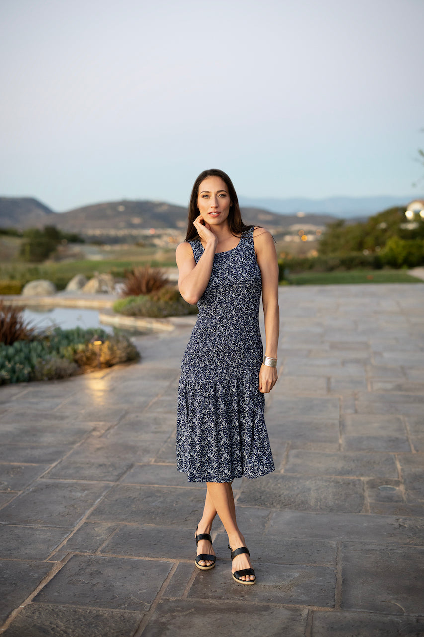 Front view of the Portofino Dress in Blue Vines, showcasing its design and floral patter