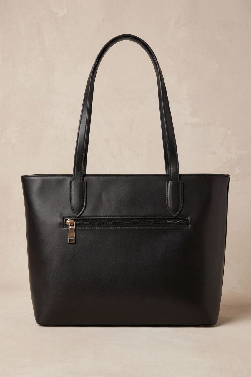 Black leather tote bag on a beige background