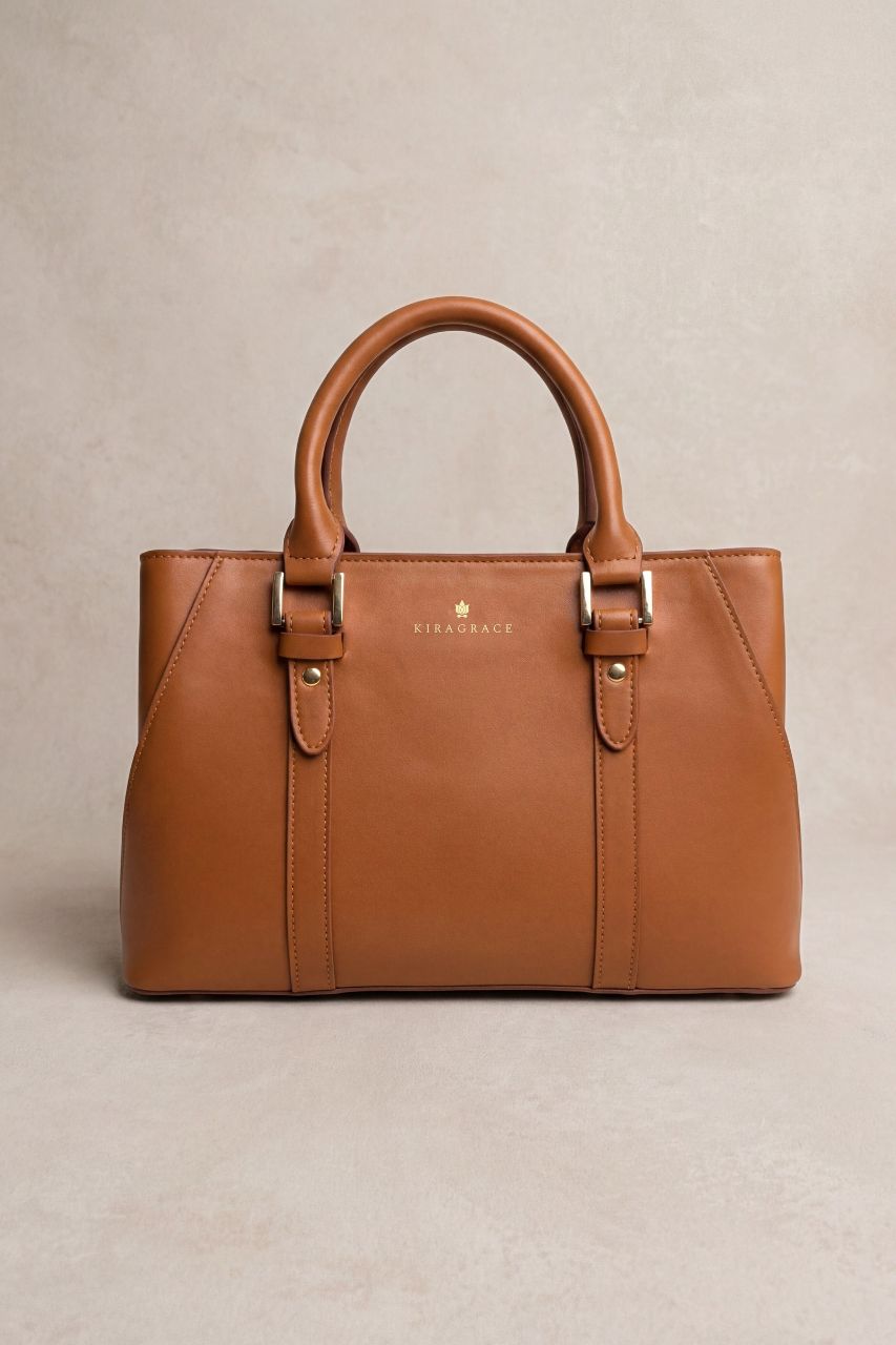 Brown PU leather handbag on a beige background