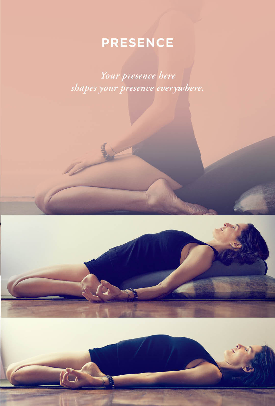 Yoga card with an image of a woman practicing yoga with text 'Presence: Your presence here shapes your presence everywhere' on a pink background.