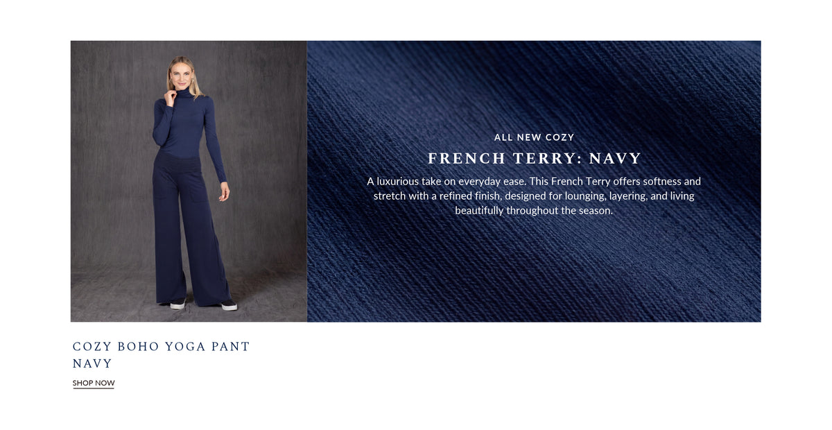 A promotional product graphic for the Cozy Boho Yoga Pant in Navy. The left side shows a model wearing the navy blue wide-leg pants and matching long-sleeve top against a dark gray studio background.