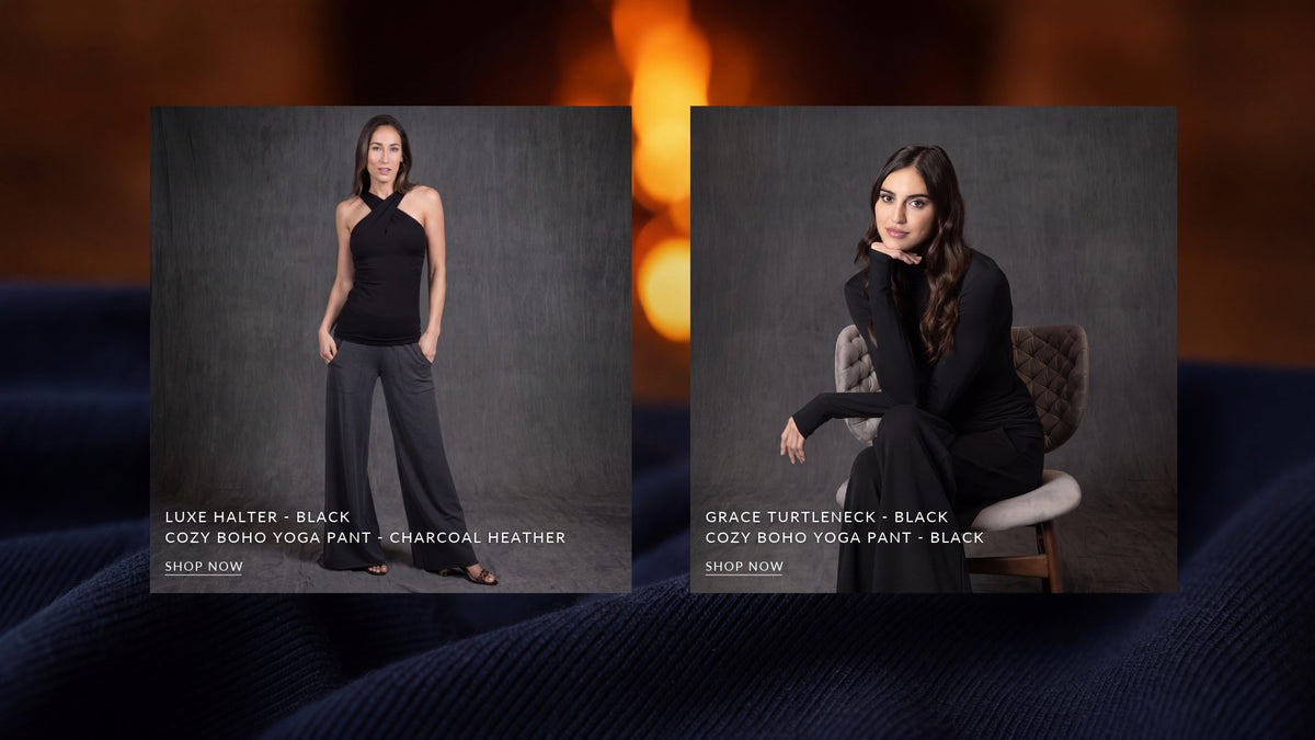 Two fashion model portraits side by side showcasing Cozy Boho Yoga Pants in different fits and colors. The left portrait shows model Luke Halter in a black halter top and charcoal heather pants against a dark gray studio background.