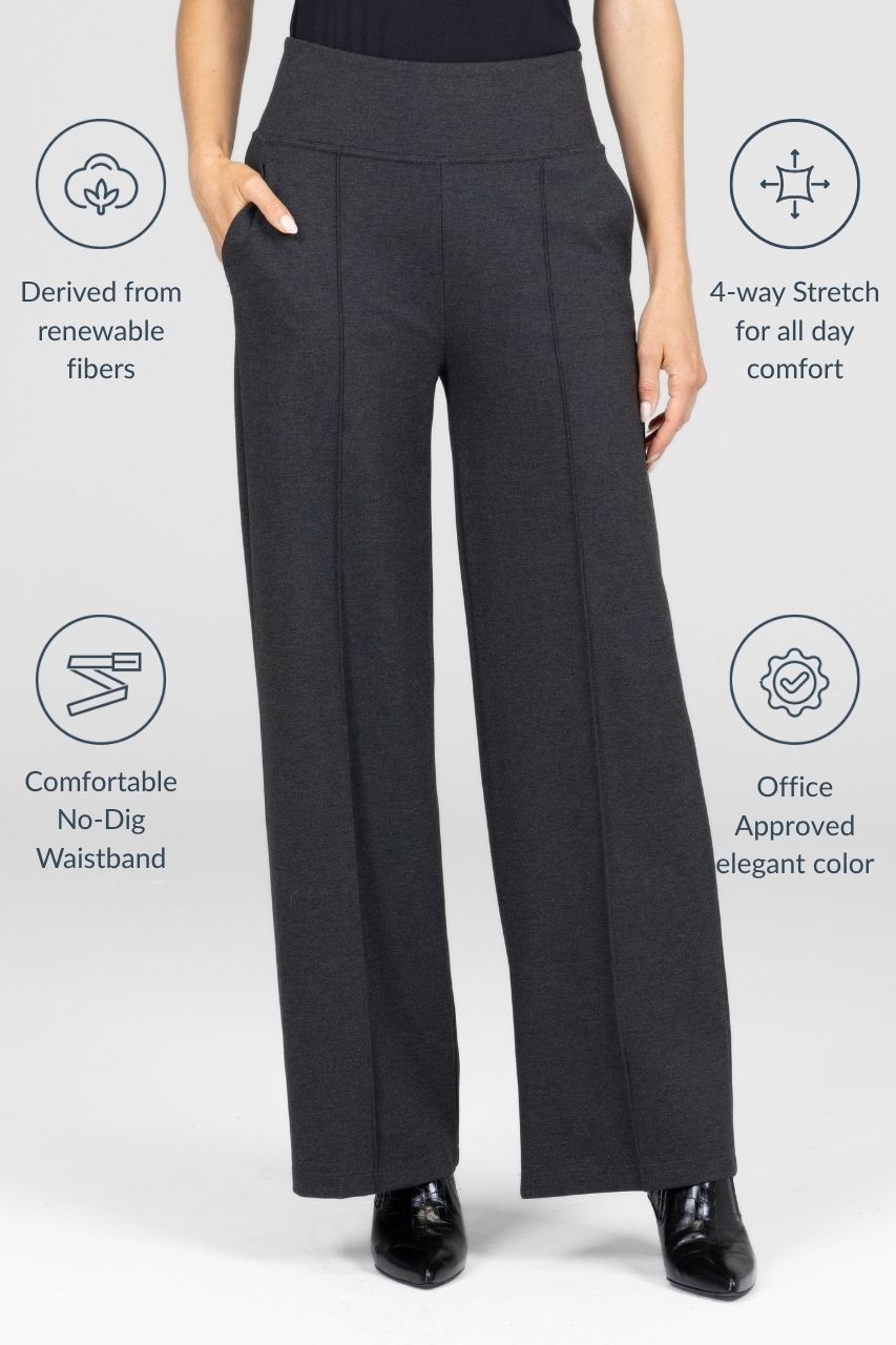 Dark gray wide leg pants with text highlighting fabric features on a white background