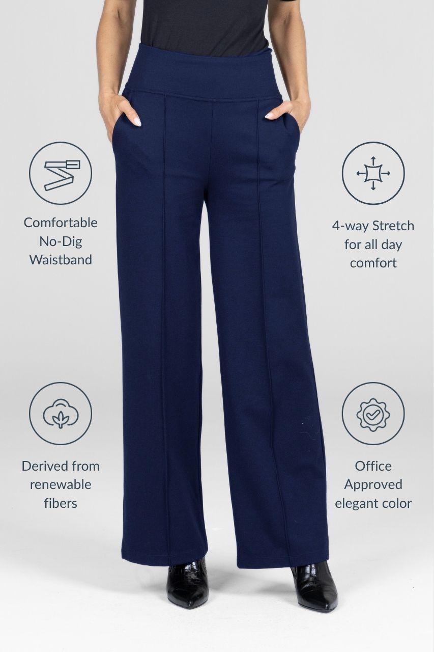 Navy blue pants with text highlighting features on a white background