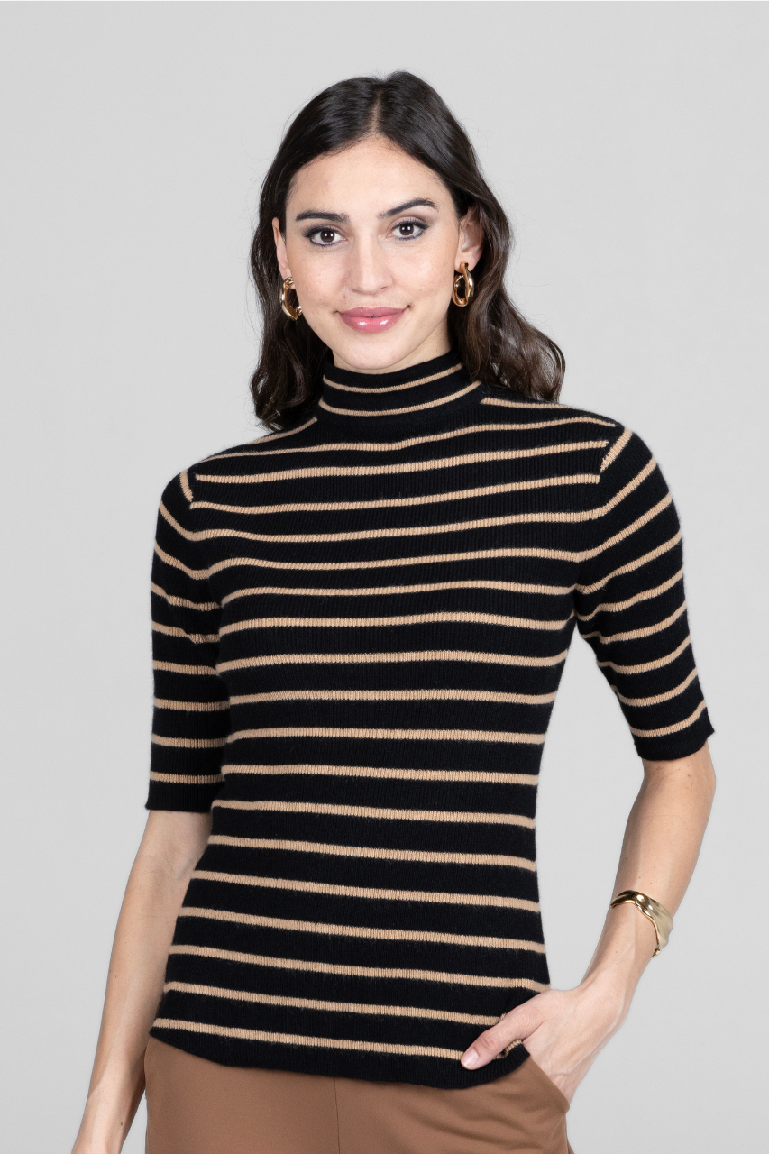 GRACE MOCKNECK TEE: BLACK KHAKI CASHMERE