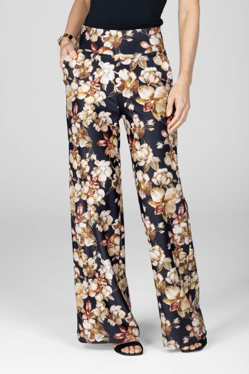 Woman wearing floral-patterned high waist wide leg pants
