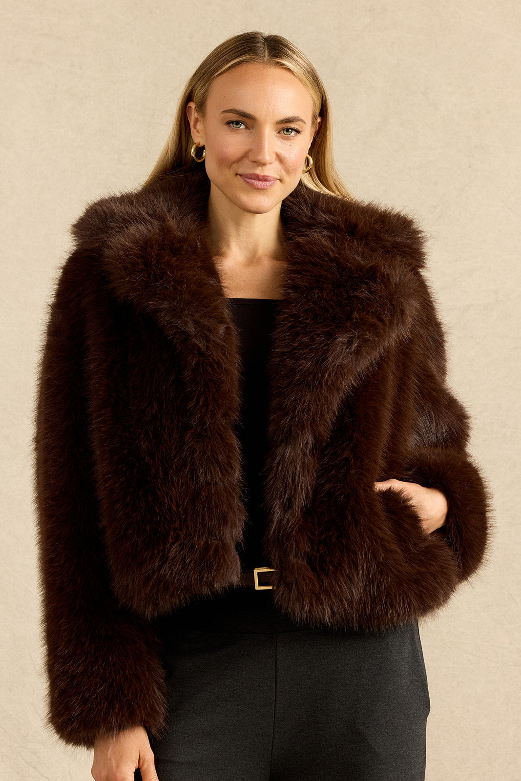 FAUX FUR BOMBER: SABLE BROWN