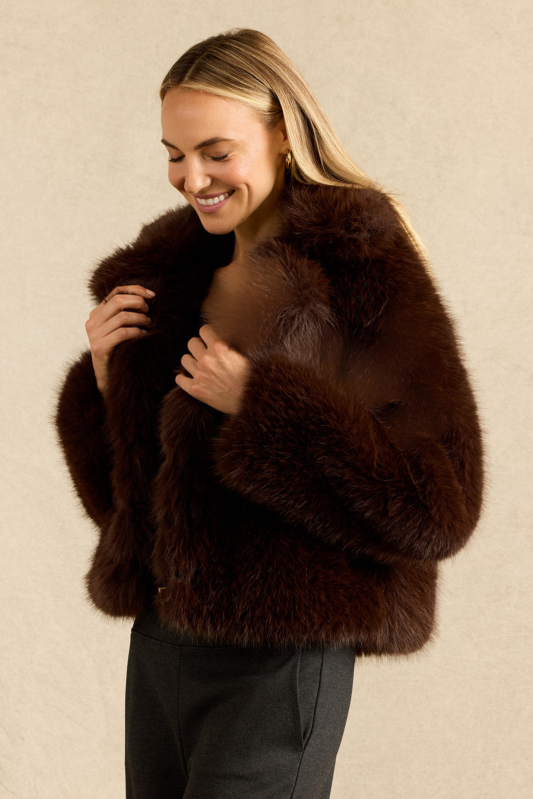 FAUX FUR BOMBER: SABLE BROWN