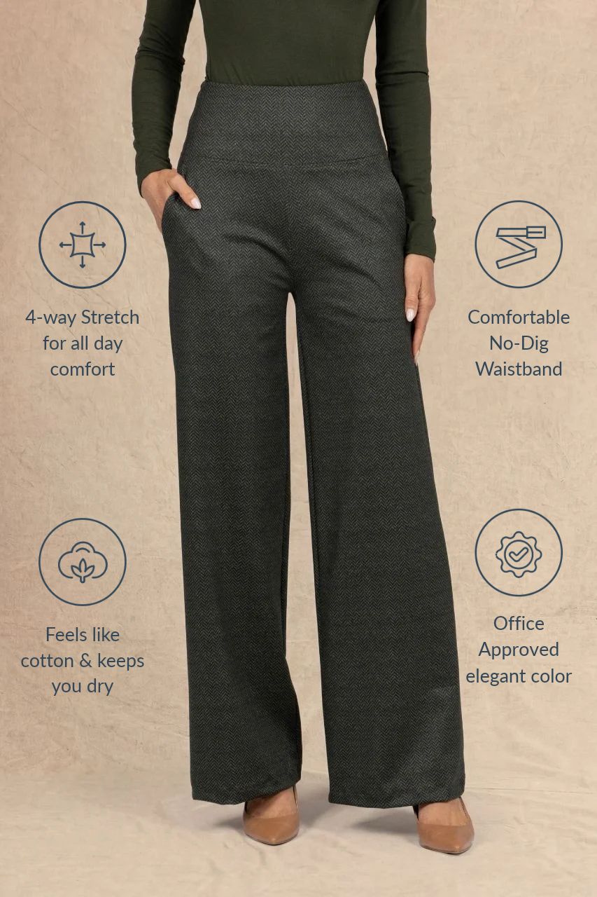 A model wearing dark olive tweed wide-leg trousers with a comfortable no-dig waistband, styled with a dark green long-sleeve top and tan heels. The image features four informational callouts on a textured beige background highlighting product features like stretch, comfort, and suitability for office wear.