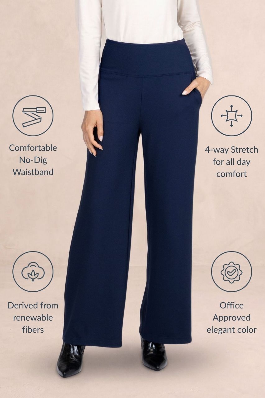 A model wearing navy blue wide-leg trousers with a white long-sleeve top and black shoes, set against a light beige background with feature callout graphics.