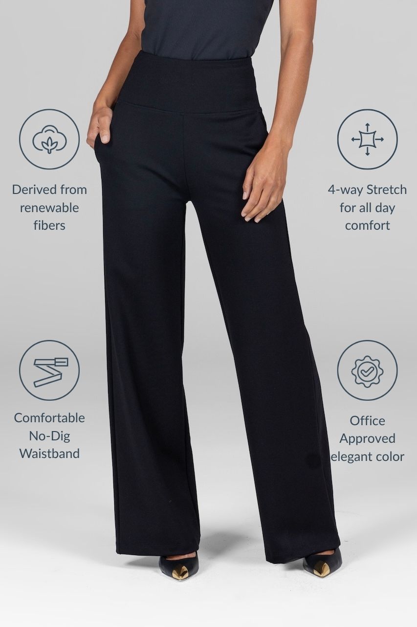 Black high waist wide leg pants with text highlighting features on a light gray background