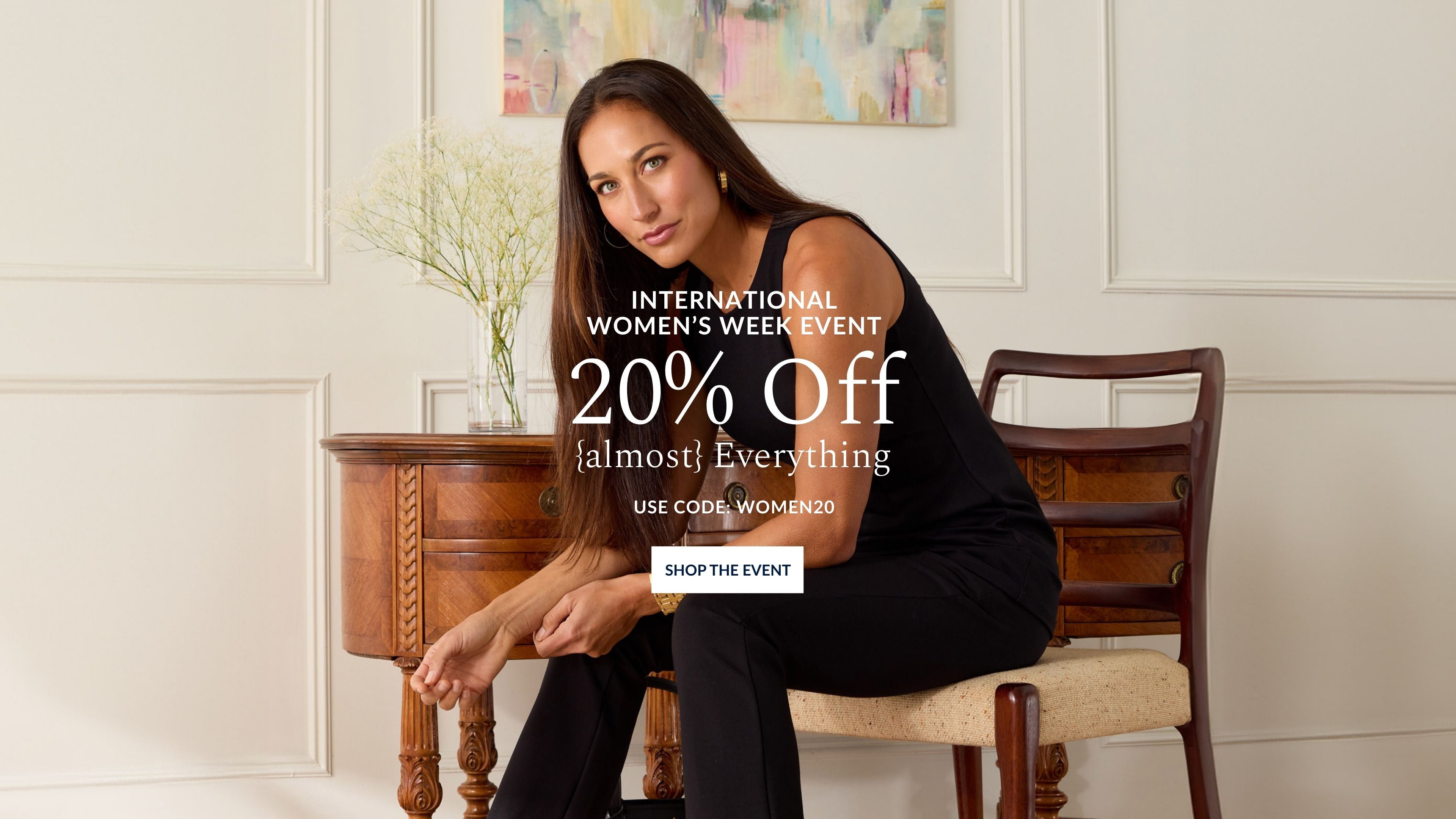 Woman sitting on a chair in a room with promotional text overlay for an International Women's Day event.