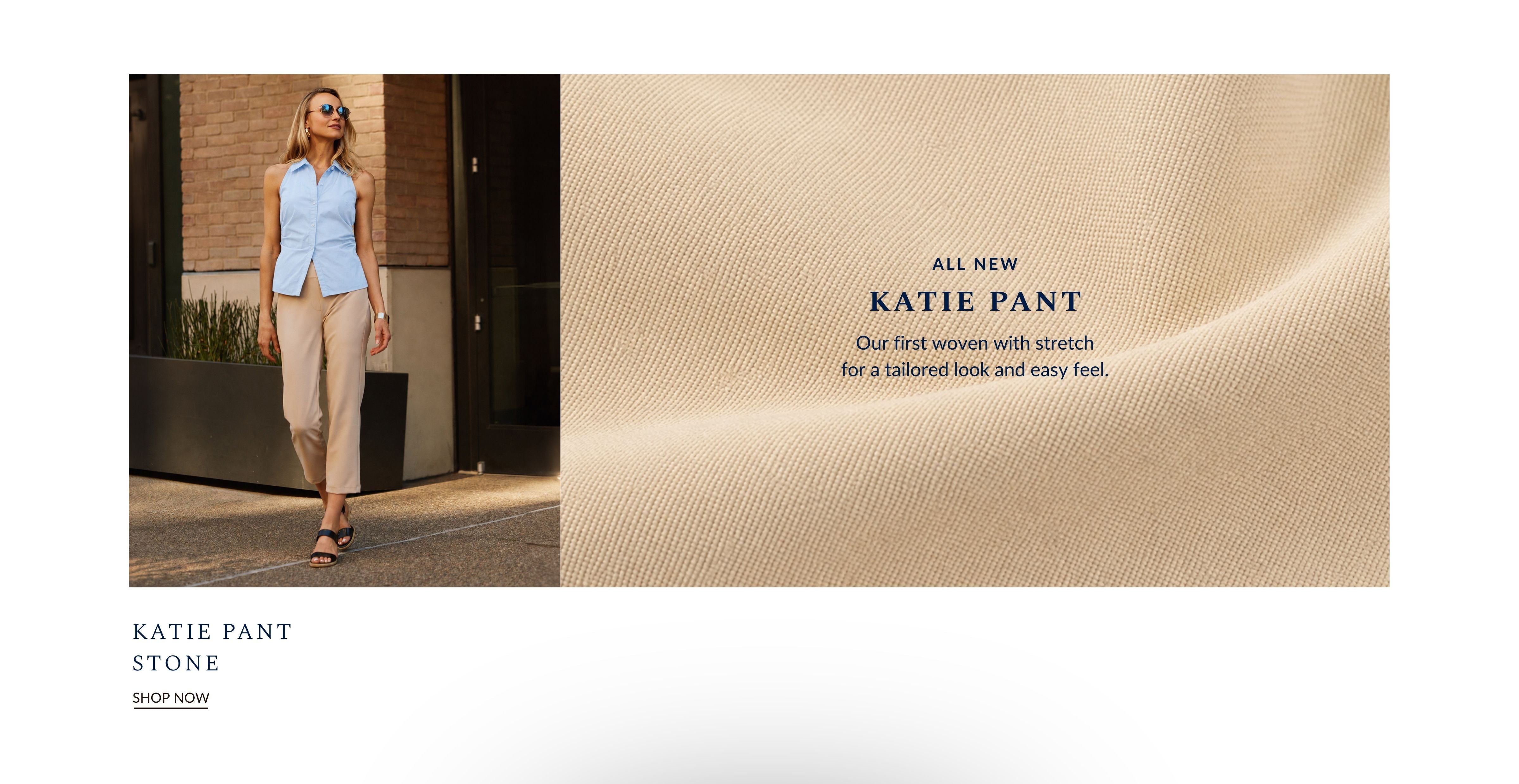 Woman wearing a light blue shirt and beige pants standing outdoors, with a close-up of the 'Katie Pant' fabric texture on a white background.