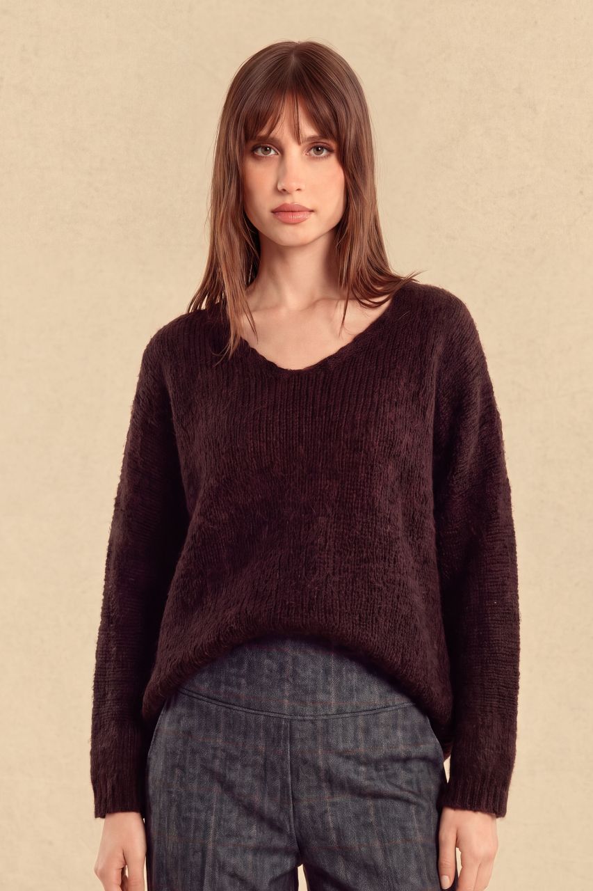 V-NECK MARLED SWEATER: SABLE BROWN