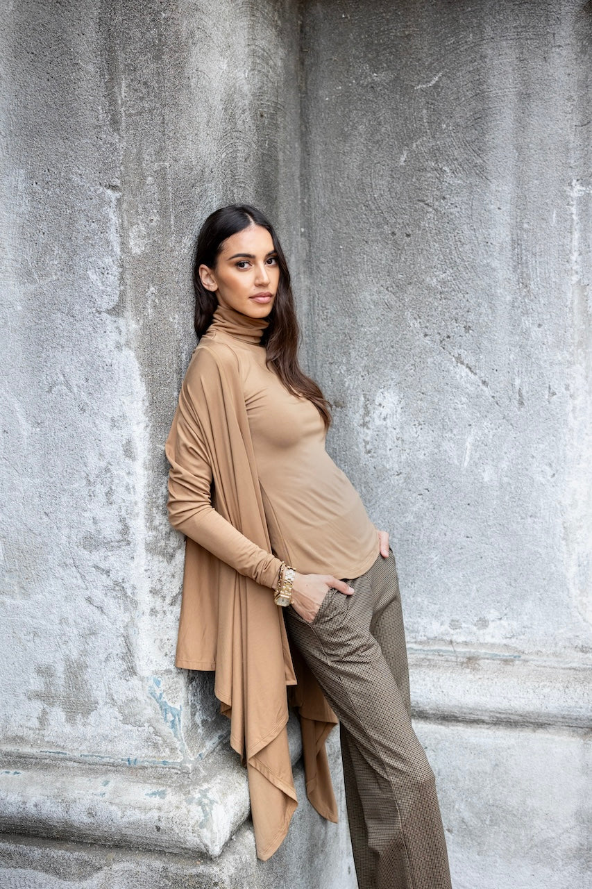 Camel infinity wrap cardigan designed for cozy, chic layering.