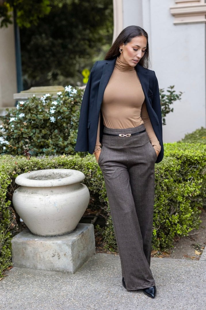 Model in Heritage Plaid High Waist Wide Leg Pant, styled with a blazer for a chic, professional outfit.