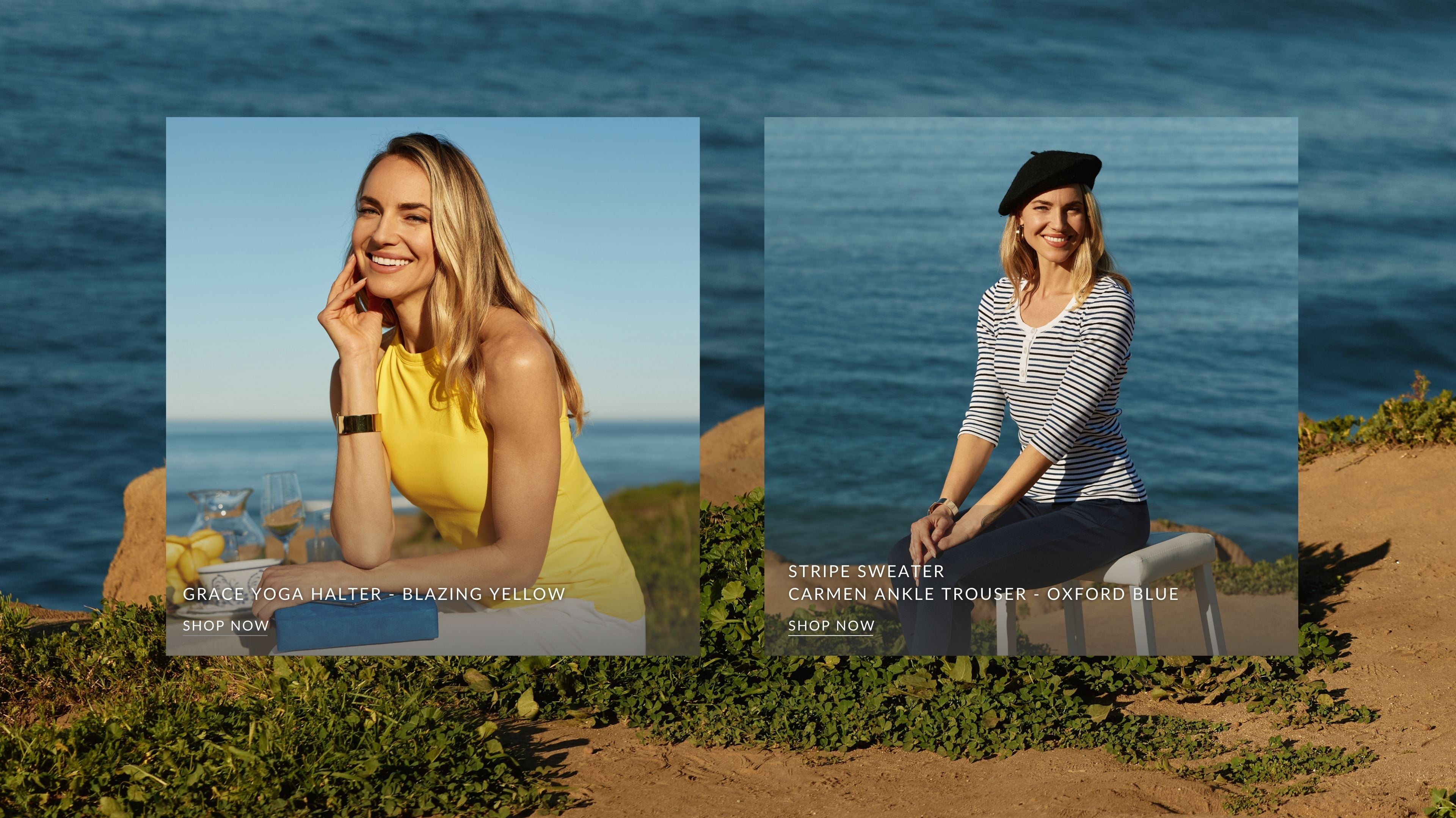 Two women in different outfits with text overlays on a scenic background