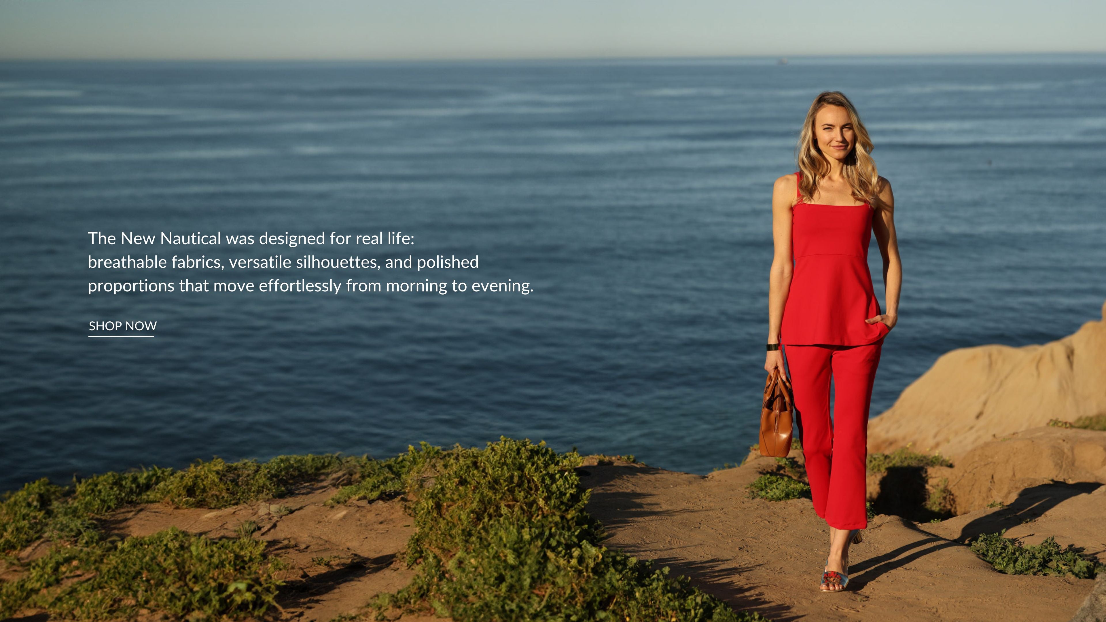 Woman in a red outfit standing on a rocky path by the ocean with promotional text overlay.