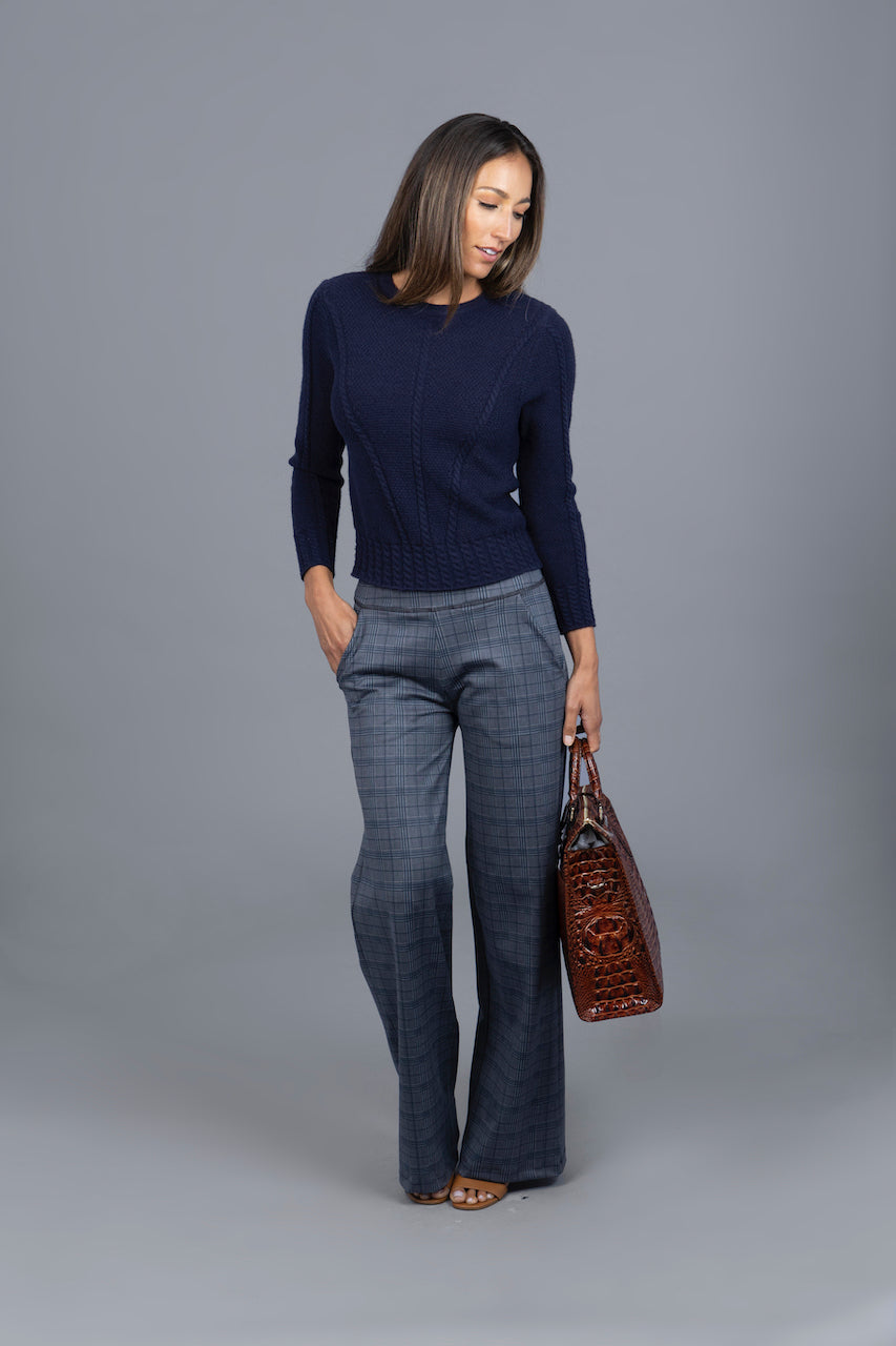 High Waist Wide Leg Pant (Navy Glen Plaid) with sweater