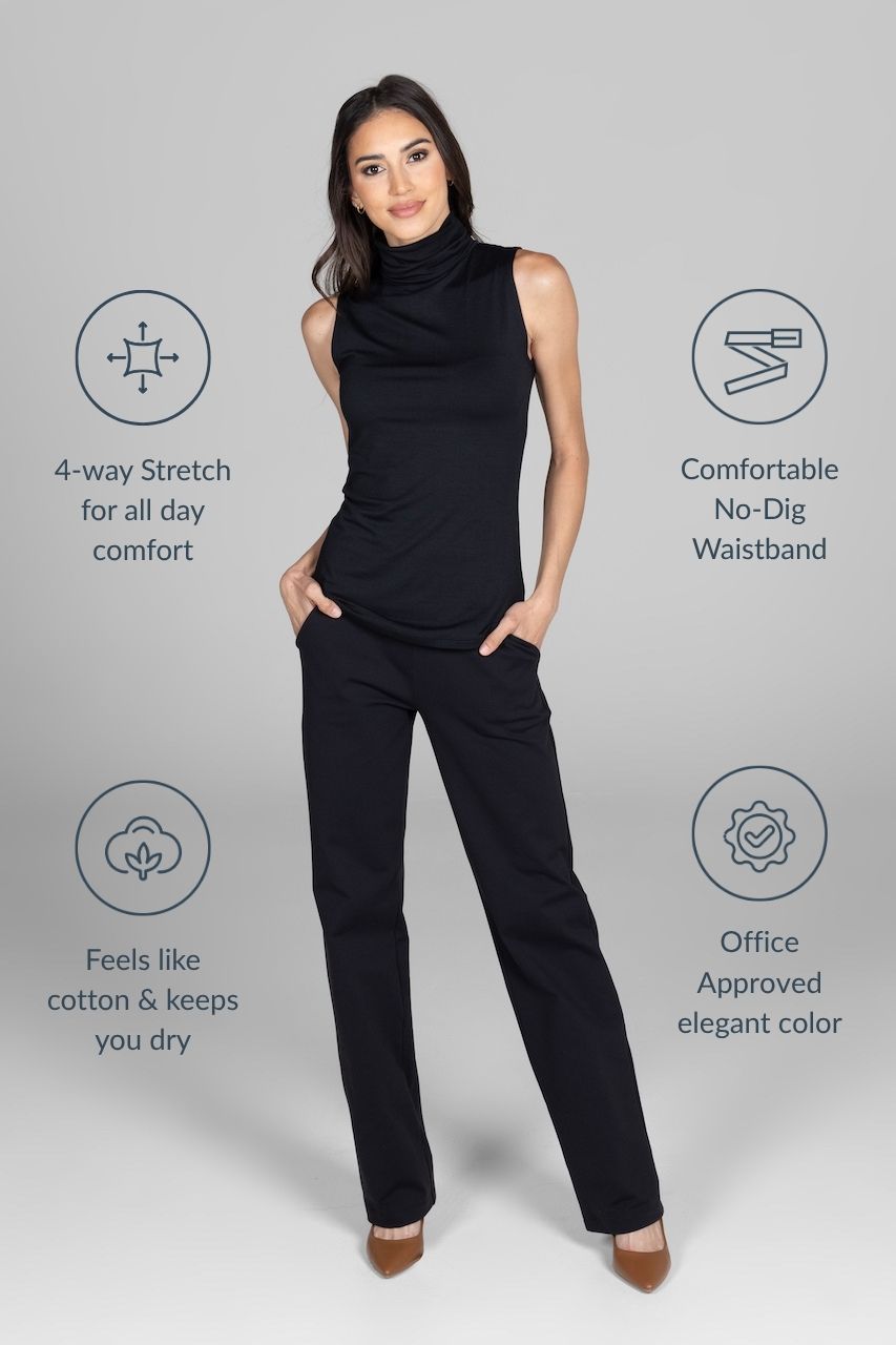 Woman wearing a black sleeveless top and straight leg pants with text highlighting features on a gray background