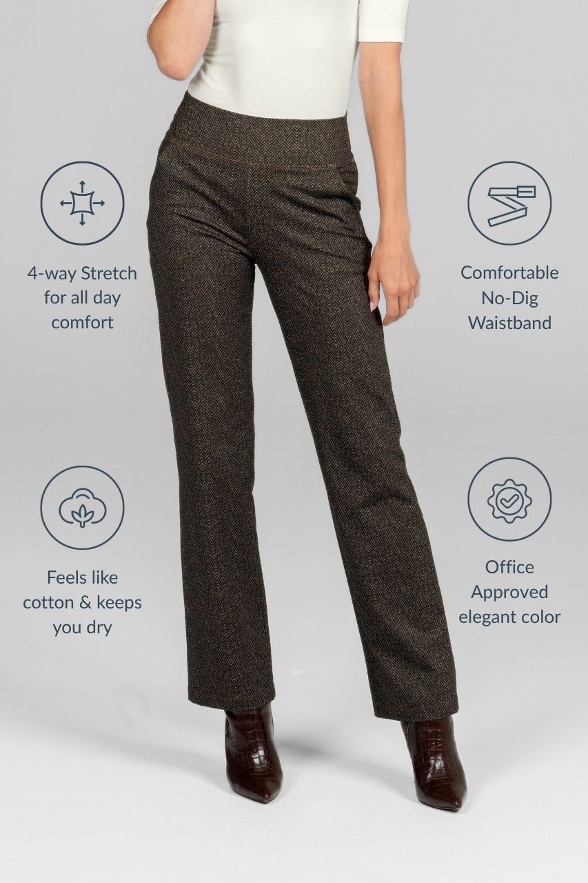Brown herringbone straight leg pants worn by a person on a light gray background with text highlighting features.