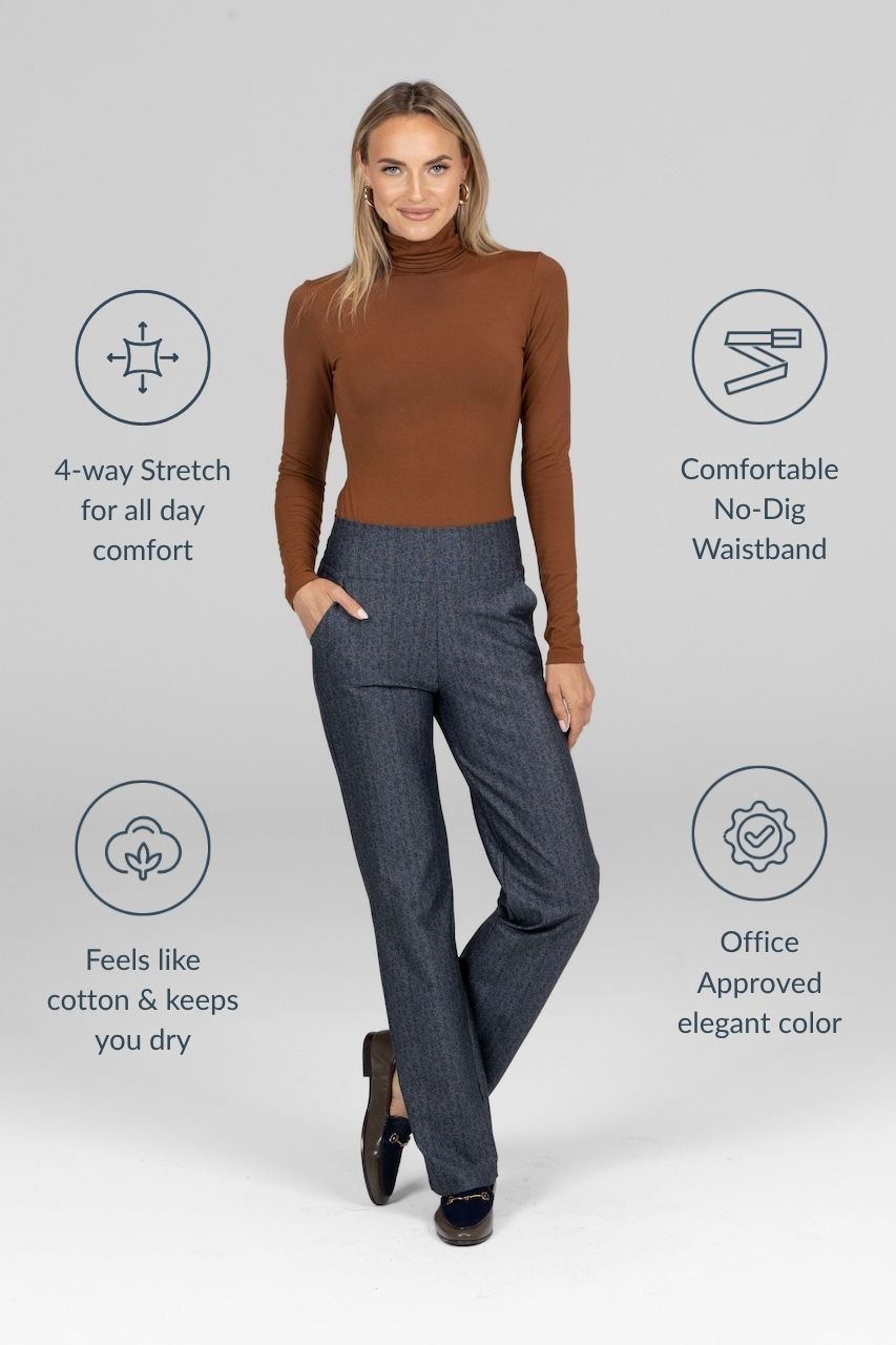 Woman wearing a brown turtleneck and gray tartan pants with product features highlighted on a light gray background.