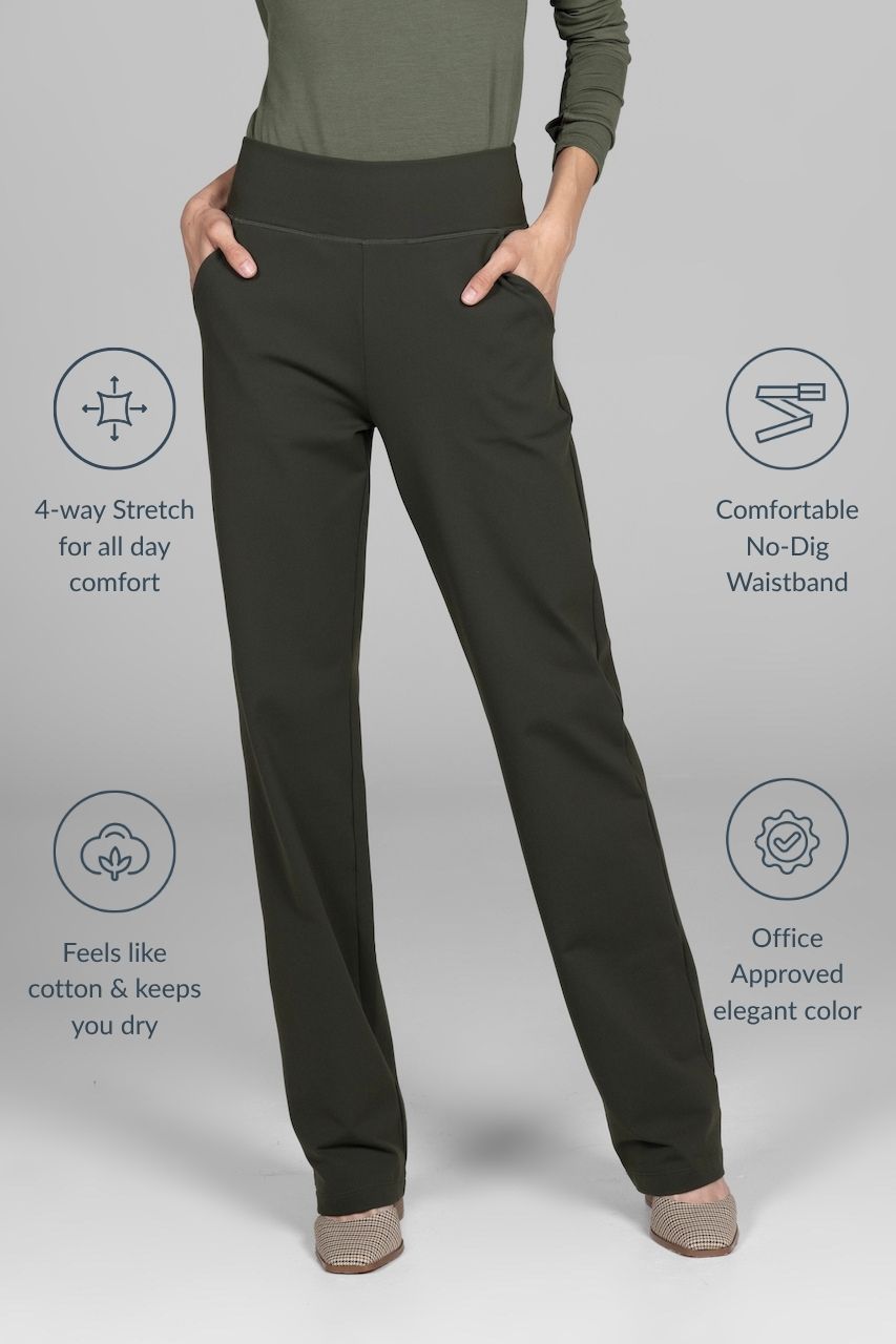 Dark green straight leg pants with text highlighting features on a light gray background