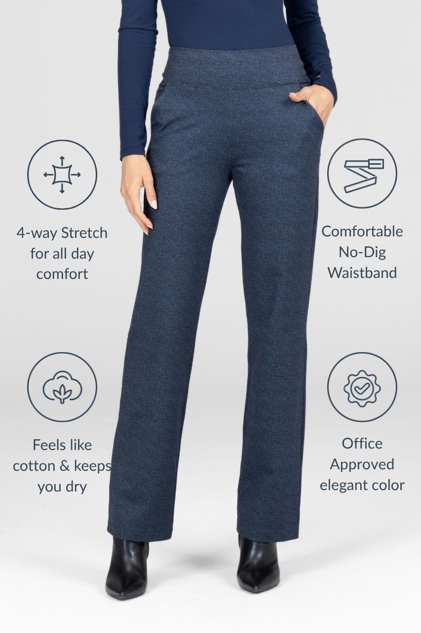 Navy blue tweed straight leg pants with features highlighted on a white background