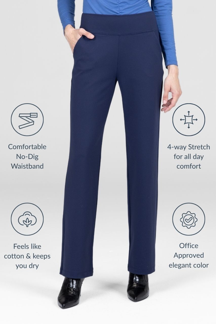 Navy blue straight leg pants with features highlighted on a white background