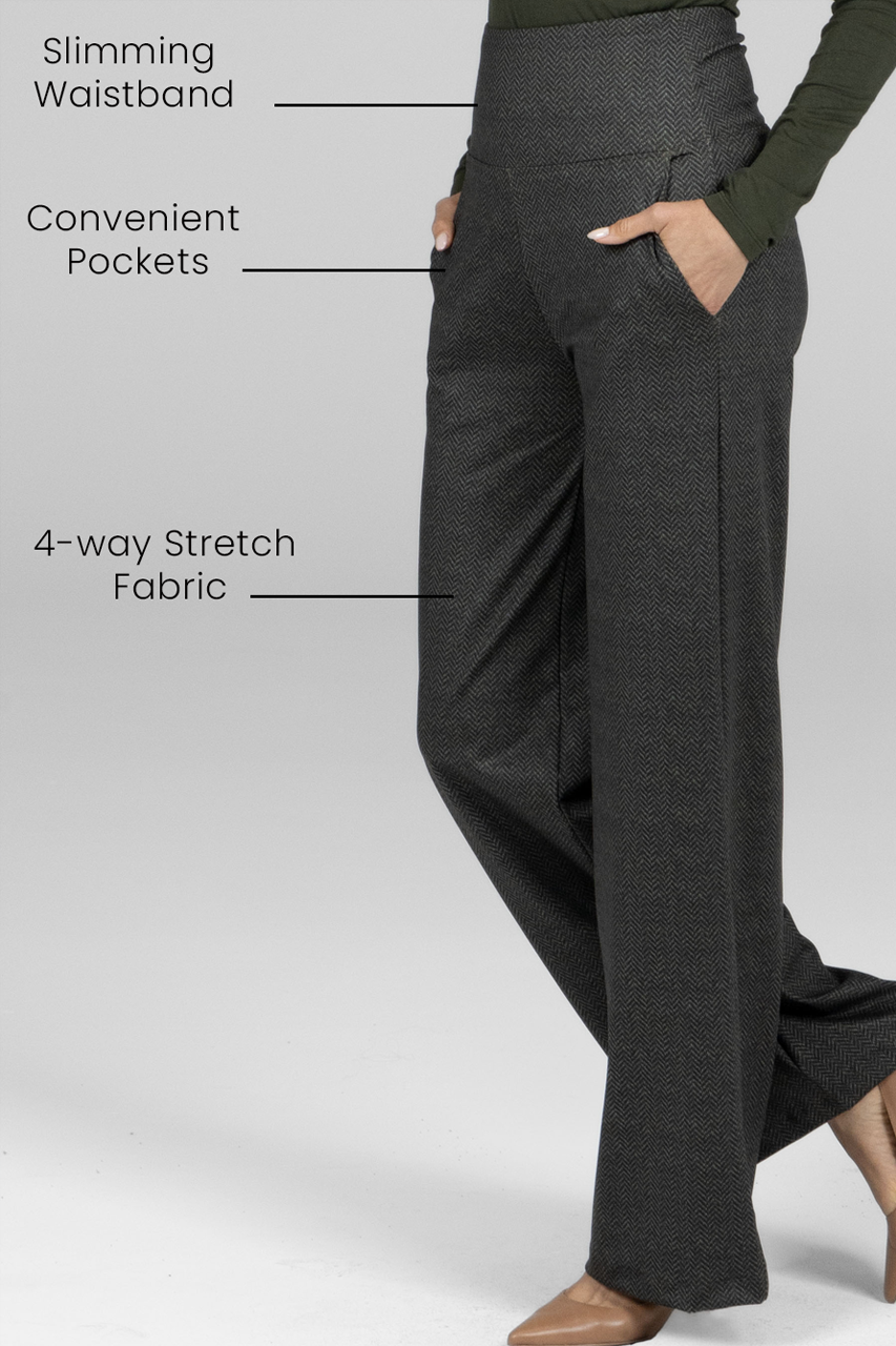 Dark olive pants with text labels; slimming waistband, convenient pockets, 4-way stretch fabric, on a white background