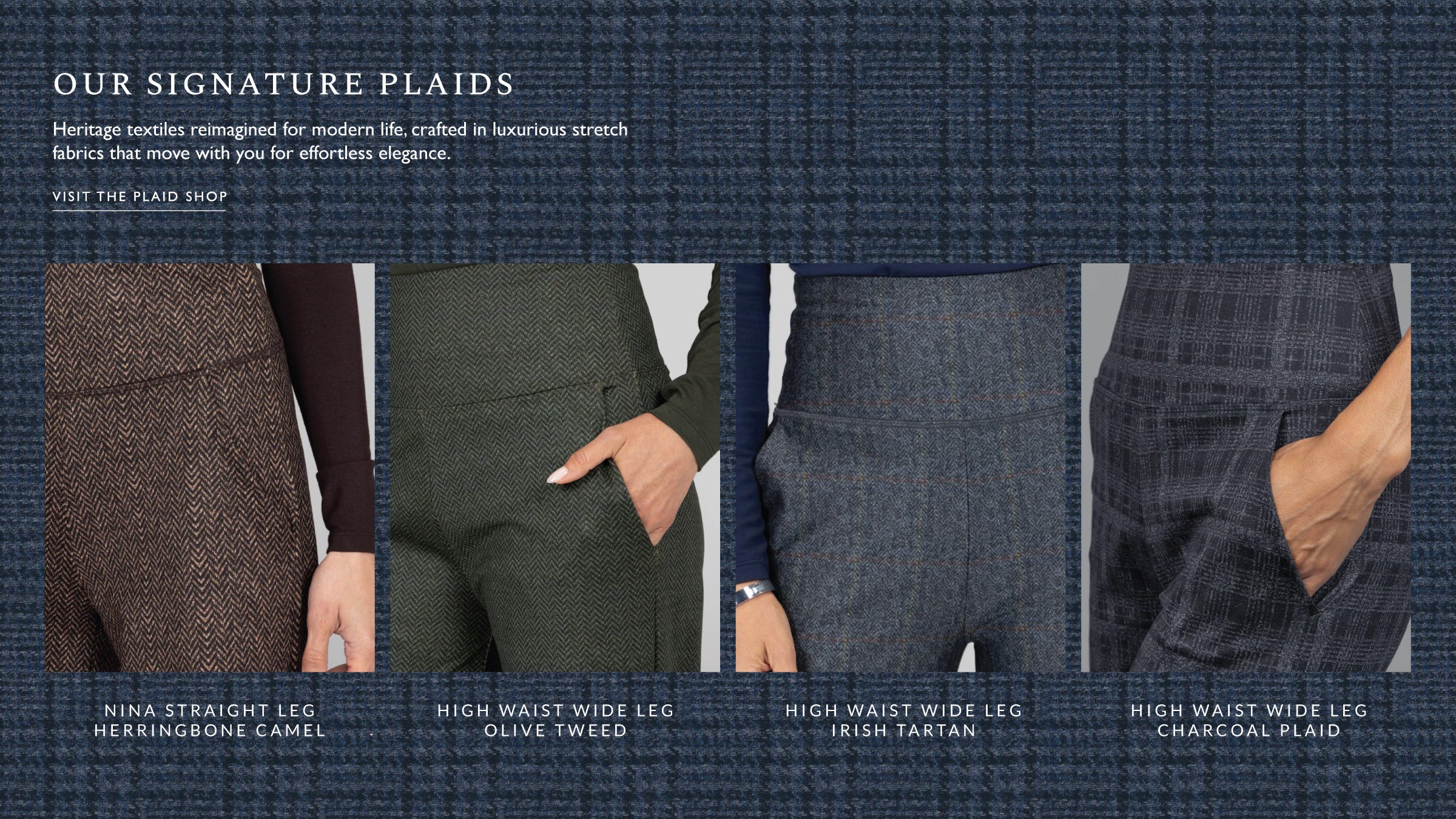Textured fabric swatches with high waist wide leg colors and descriptions on a dark plaid background