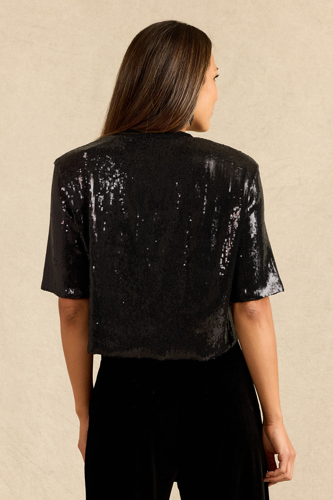 SEQUIN SHORT SLEEVE TOP: BLACK