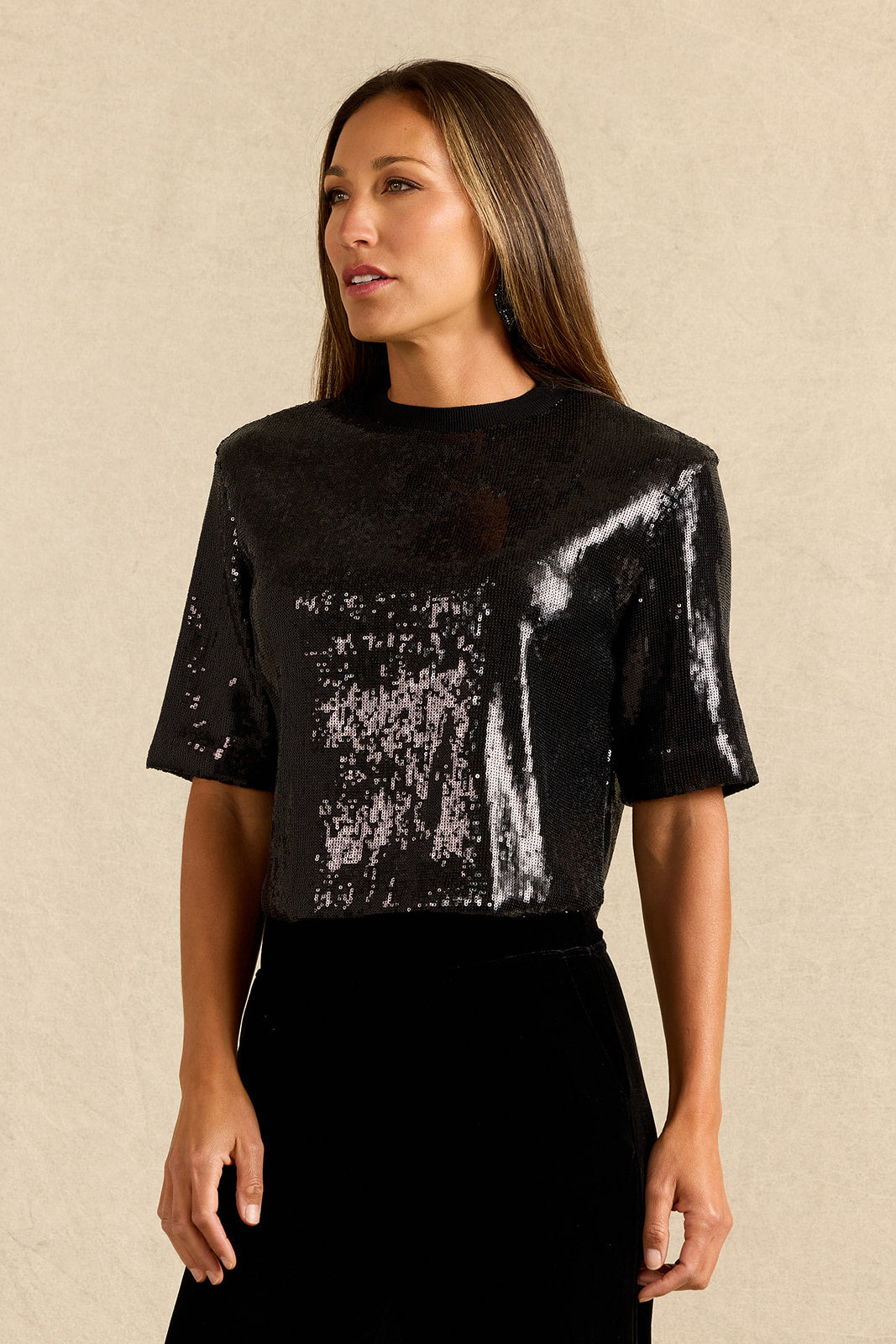 SEQUIN SHORT SLEEVE TOP: BLACK