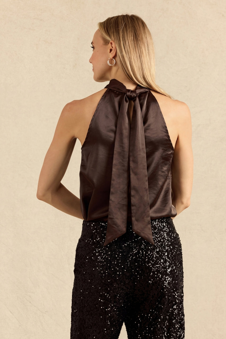 SATIN HALTER: BROWN