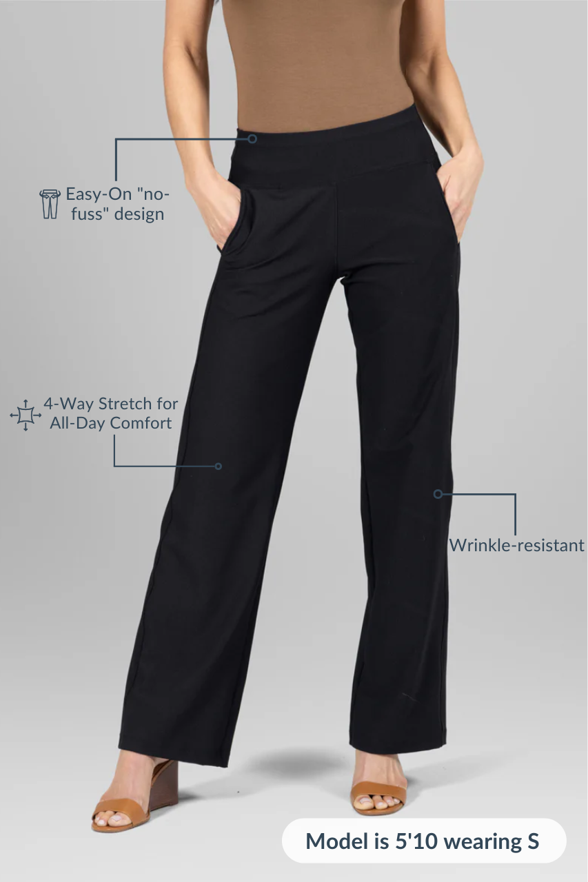 A pair of black traveler pants with a 'Easy-on No-Tuck' design, featuring a comfortable waistband, 4-way stretch for all-day comfort, and wrinkle-resistant fabric. Model is 5'10" wearing size S.