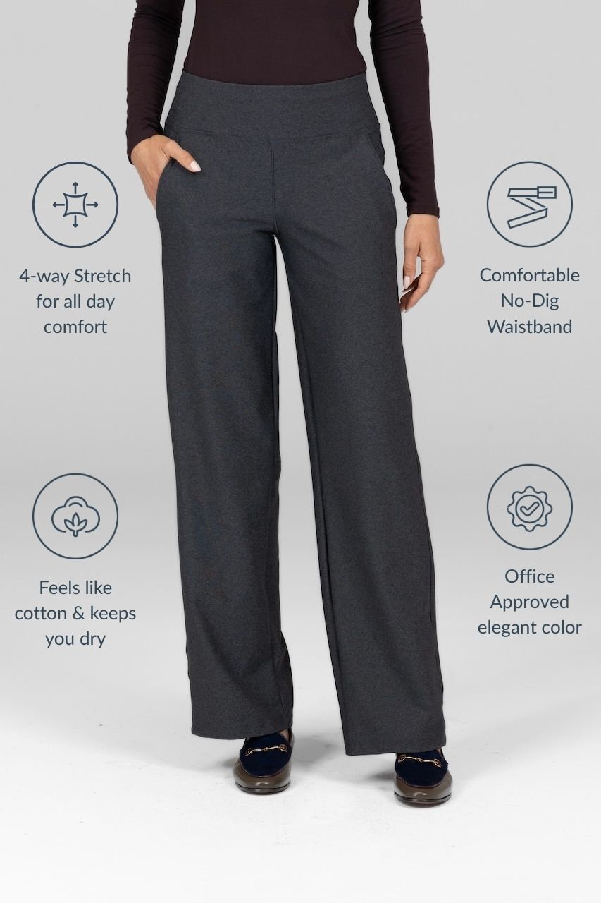 Dark gray pants with features listed on a light gray background