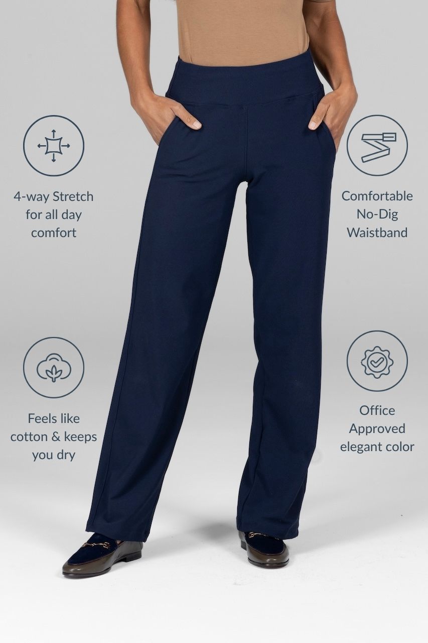 Navy blue pants with features highlighted on a gray background