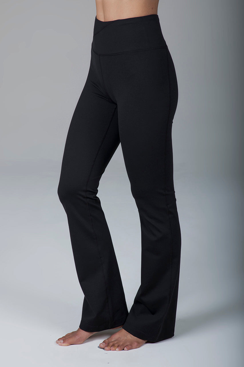 Ultra high waist black bootcut yoga pants, featuring a sleek and elongated silhouette with a wide waistband for a flattering fit.