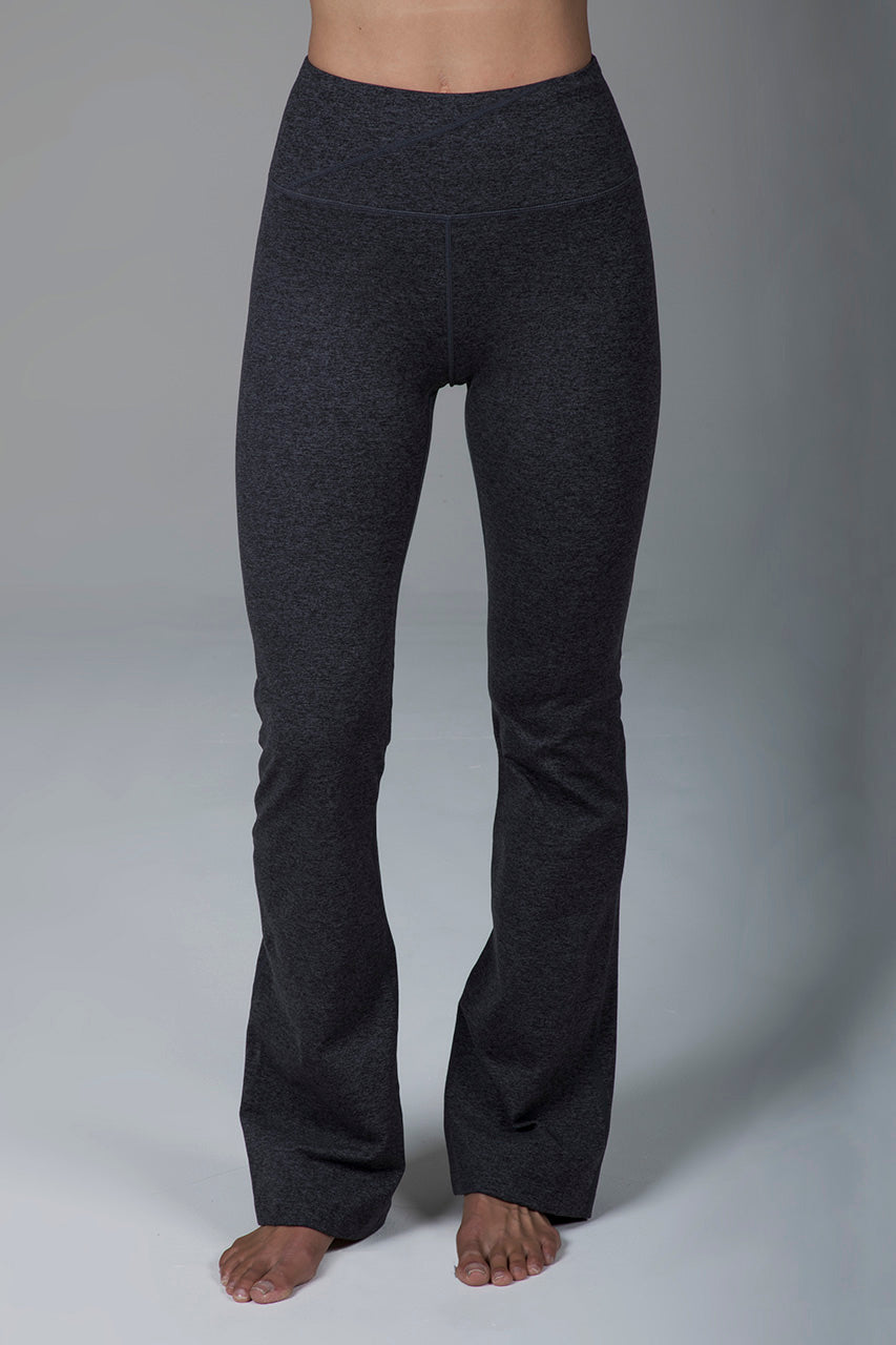 Front view of the High Rise Flare Yoga Leggings in charcoal grey, highlighting the high-rise waistband and flared leg design