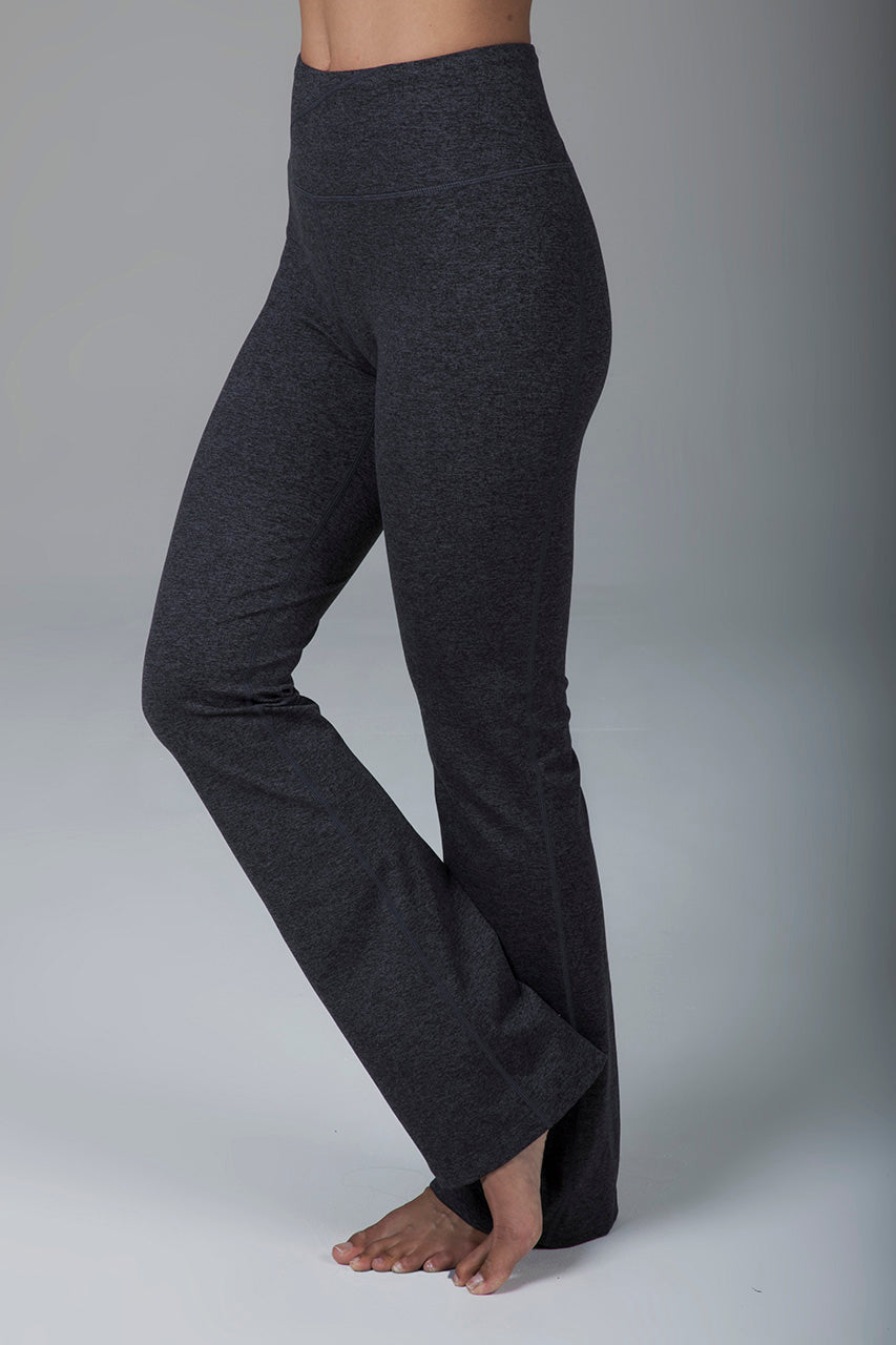 Side view of the Ultra High Waist Goddess Bootcut in charcoal heather, emphasizing the high waistband and the elegant, flared leg