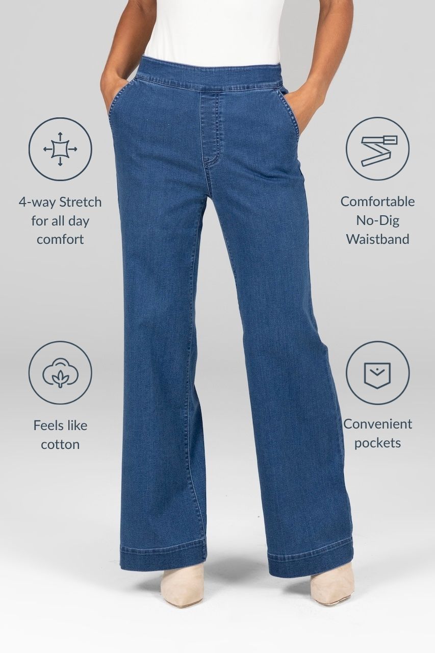 Blue stretch jeans with features listed on a gray background
