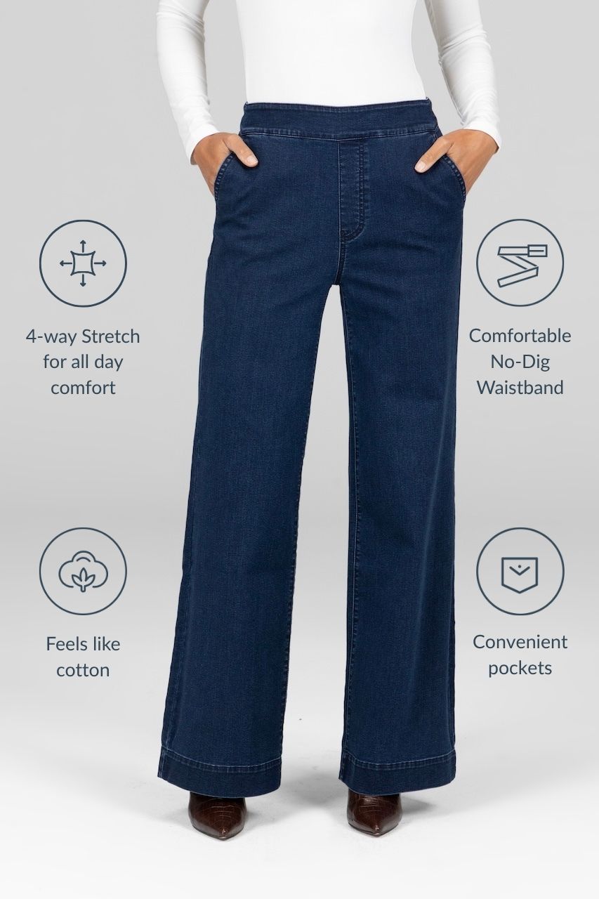 Blue jeans with features highlighted on a white background