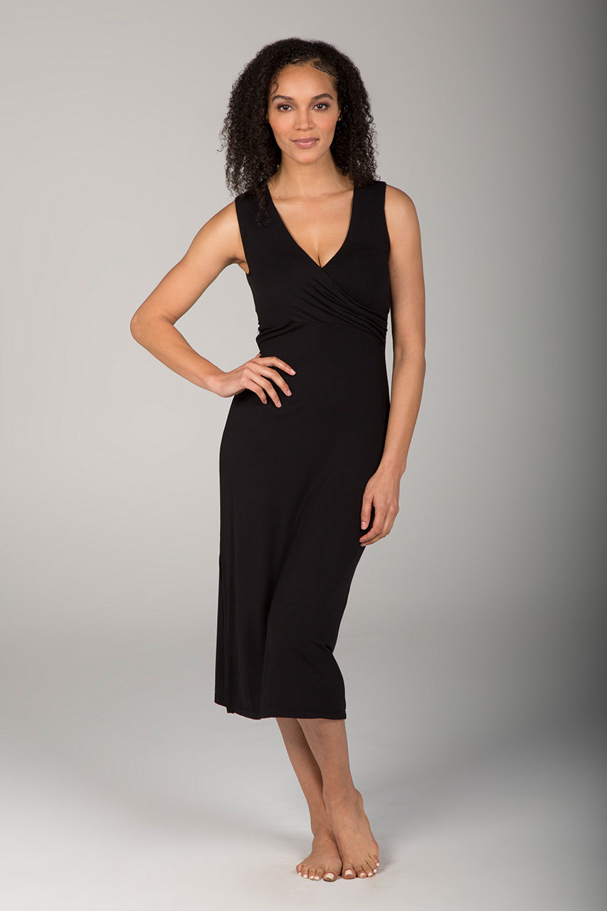 V-Neck Wrap Dress in Black front view