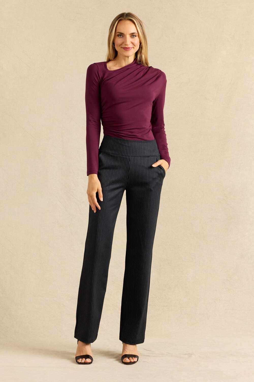 Asymmetrical Top in Burgundy with Nina Straight Leg Pant in Mini Pinstripe
