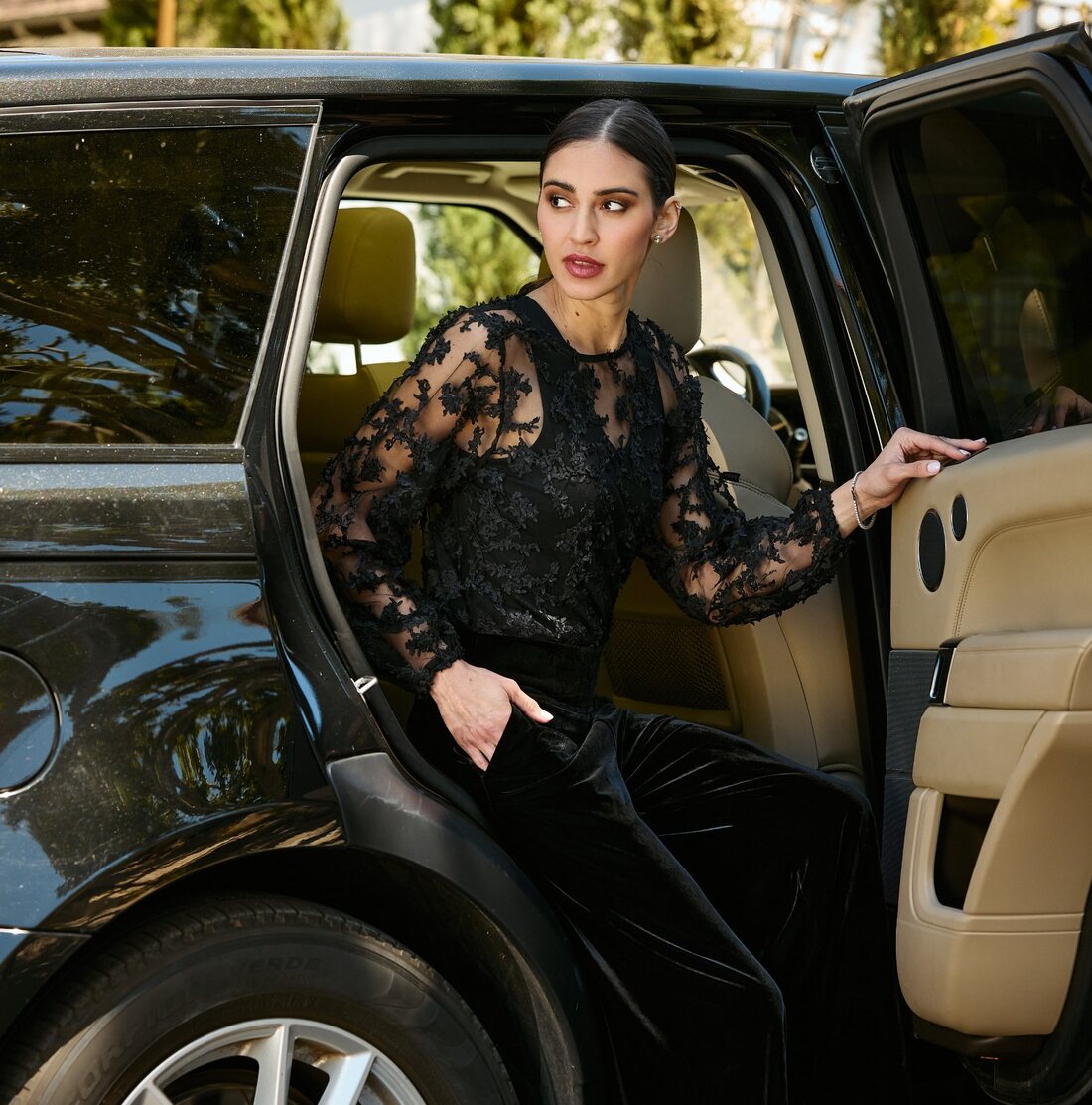 Lace Long Sleeve Top in Black with Grace Wide Leg Pant in Black Velvet