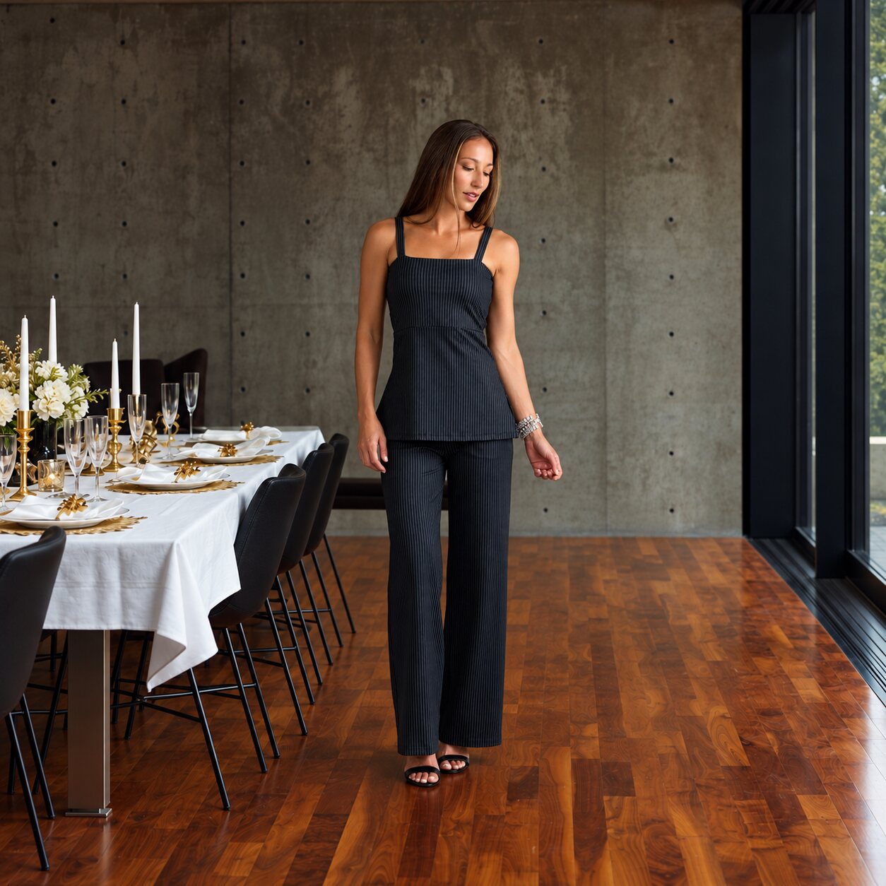 Side Slit Cami and High Waist Wide Leg Pant in Mini Pinstripe