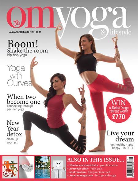 Omyoga Magazine cover Jan/Feb 2013, featuring the Grace Yoga Halter with Warrior Tough Cut Leggings  