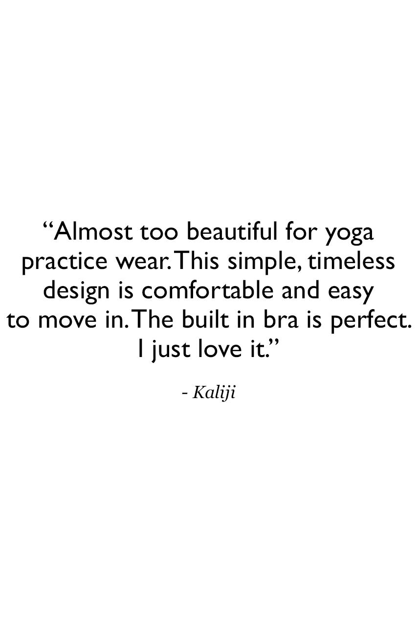Review from a customer about the Goddess Luxe One Shoulder: 
"Almost too beautiful for yoga practice wear. This simple, timeless design is comfortable and easy to move in. The built in bra is perfect. I just love it." -Kaliji
