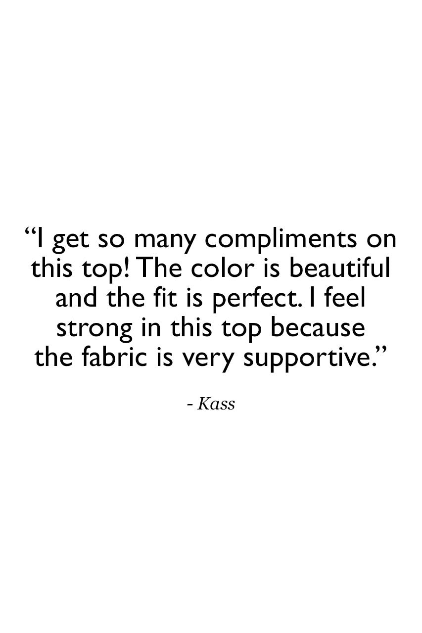 Review for the Grace Yoga Halter: "I get so many compliments on this top! The color is beautiful and the fit is perfect. I feel strong in this top because the fabric is very supportive."